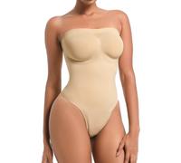 Atbuty Strapless Shortie Bodysuit Seamless Sculpt Shapewear Tummy Control Body Shaper with Removable Straps, Beige Thong, Large