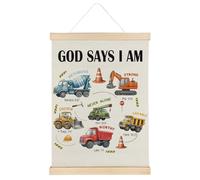 ATBWGT Christian Construction Wall Art Decor, Construction Room Decor for Boys, God Says I Am Bible Verses Poster Hanger Frame for Boys Bedroom Room Nursery Playroom, 12x16 Inch