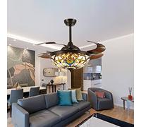 ATEEZ Ceiling Fans with Lights and Remote Tiffany 6 Speeds 3 Colour Reversible Motor Ceiling Fans with Lamps Invisible Retractable Blades Ceiling Fan Light for Living Room Bedroom Dining Room-A
