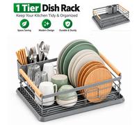 ATEK 1 Tier Dish Drying Rack With Drip Tray Space Saving Kitchen Sink Organizer Washing Dishes Plate Cutlery & Pot Drainer Holder