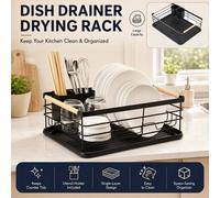 ATEK 1 Tier Kitchen Dish Drainer Rack Space Saving Black Steel Racks Wooden Handle Sink Utensils Drying With Cutlery Holder Drip Tray Atek Black
