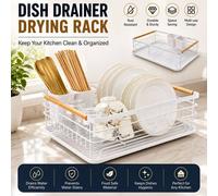 ATEK 1 Tier Kitchen Dish Drainer Rack Space Saving White Steel Racks Wooden Handle Sink Utensils Drying With Cutlery Holder Drip Tray Atek White
