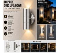 ATEK 10 Pack Silver Outside Up And Down Gu10 Wall Lights, Ip44 Waterproof Up Down Mains Power Stainless Steel Exterior Sconce