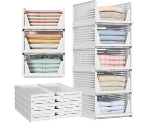 ATEK 10 Pack Stackable Wardrobe Storage Organiser Basket Box - Foldable Plastic Storage Baskets, Space-Saving Clothes Organisers for Cupboard, Closet, Laundry, Kitchen, Bathroom & Bedroom (10)