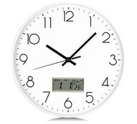 ATEK 12 Inch Silent & Non Ticking Wall Clock with Date and Day Temperature Day of Week LCD Display Digital Clock Battery Operated for Bedroom, Office, Class Room, Living Room Kitchen (White)