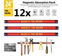 ATEK 12x Magnetic Tool Holders 60cm / 24" - Includes Removable Dividers Space-Saving & Strong Wall Mounted DIY Storage in Orange Atek Orange