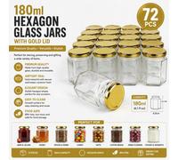 ATEK 180Ml Hexagon Glass Jars With Gold Lid, 72Pcs 7Oz Canning Hexagonal Empty Jam Jars With Airtight Lids Honey Chutney Storage Jars