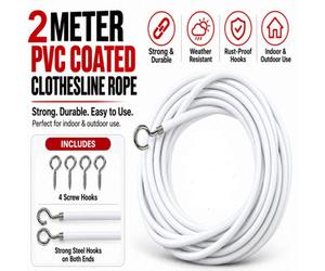 Atek 2 Meter White Net Curtain Wire Hanging Kit With 6 Hooks And 6 Eyes