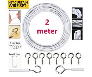 ATEK 2 Meter White Net Curtain Wire Hanging Kit With 6 Hooks And 6 Eyes Flexible Durable Tension Cable For Voiles And Wardrobe Doors