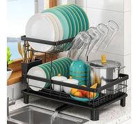 ATEK 2 Tier Dish Drainer Rack with Drip Tray, Space-Saving Dish Rack | Utensil Holder, Cup Holder Wide Plate & Bowl Zones 360° Swivel Drainage Spout, Dish Drying Rack for Kitchen Counter