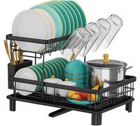 ATEK 2 Tier Dish Drainer Rack With Swivel Spout And Drip Tray Space Saving Kitchen Drying Rack For Plates Bowls And Cutlery