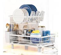 ATEK 2 Tier Dish Drying Rack Drainer, Anti Rust Kitchen Dish Drainer With Utensil, Cutlery Glass Holders Rotatable Drain Pipe