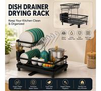 ATEK 2 Tier Kitchen Dish Drainer Rack Space Saving Black Stainless Steel Racks Sink Utensils Drying With Cutlery Holder Drip Tray Atek Black