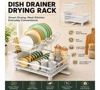 ATEK 2 Tier Kitchen Dish Drainer Rack Space Saving White Stainless Steel Racks Sink Utensils Drying With Cutlery Holder Drip Tray Atek White