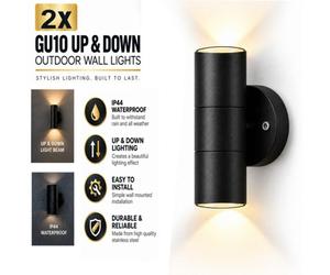 Atek 2X Gu10 Up Down Outdoor Wall Light Ip44 Black Aluminium Exterior Sconce