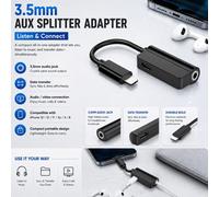 Atek 3.5mm Headphone Jack & Charging Adapter Splitter For Iphone Black