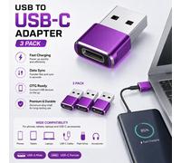 Atek 3 Pack Usb-C Female To Usb-A Male Adapter Converter Charging Data Purple
