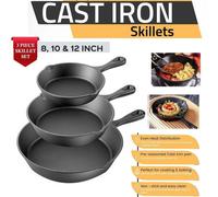 ATEK 3-Pcs Pre-Seasoned Cast Iron Skillet Frying Pan Set, Oven And Campfire Safe, Griddle Pan Cookware For Indoor Bbq, 15Cm, 20Cm, 25Cm