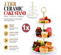 Atek 3 Tier Ceramic Cake Stand With Gold Handle Afternoon Tea Serving Plates
