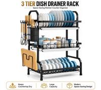 ATEK 3 Tier Dish Drainers Rack With Removable White Drip Trays Large Drying Draining Rack For Cutlery Plates Chopping Board Holder