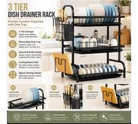 ATEK 3 Tier Kitchen Dish Drainer Rack Space Saving Steel Racks Sink Utensils Organizer Drying Trays With Cutlery Cutting Board Holder in Black Atek Black
