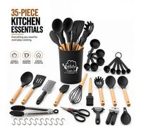 Atek 35 Piece Silicone Kitchen Utensil Set Wooden Handles Black With Holder