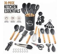 Atek 35 Piece Silicone Kitchen Utensil Set Wooden Handles Grey With Holder