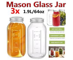 ATEK 3Pcs 64Oz Wide Mouth Glass Mason Jars,1.9L Printed Glass Pickling Jars Leakproof Mason Glass Jar With Silver Metal Lid