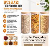 ATEK 3Pcs Glass Food Storage Jars With Airtight Lids 900Ml Container Canisters Pickling Jars For Preserving,canning,pasta,flour,cereal