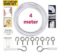 ATEK 4 Meter White Net Curtain Wire Hanging Kit With 6 Hooks And 6 Eyes Flexible Durable Tension Cable For Voiles And Wardrobe Doors
