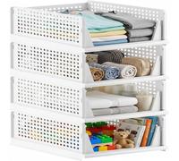 ATEK 4 Pack Wardrobe Storage Organiser Foldable Stackable Closet Boxes Multifunctional Space Saving Bathroom Kitchen Laundry Drawer in White Atek White
