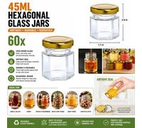 ATEK 45Ml Hexagonal Glass Jars Airtight Lids Pack Of 60 Reusable Preserving Storage Jar Jams Dry Foods Nuts Honey Baby Foods Crafts