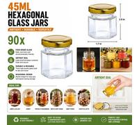 ATEK 45Ml Hexagonal Glass Jars Airtight Lids Pack Of 90 Reusable Preserving Storage Jar Jams Dry Foods Nuts Honey Baby Foods Crafts