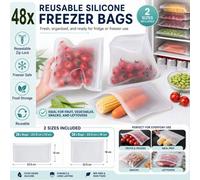 ATEK 48Pack Zip Lock Freezer Bag 2 Sizes Reusable Bpa Free Silicone Kitchen Food Storage Vacuum Fresh Sandwich Vegetable Meat Bags