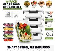 ATEK 5 Pack Meal Prep Containers with Lids Watertight & Airtight Lids Glass Food Storage Freeze & Dishwasher Safe in Clear Atek Clear