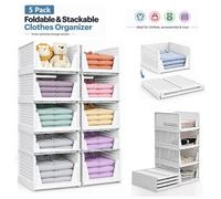 Atek 5 Pack Wardrobe Storage Organiser Foldable & Stackable Plastic Baskets Space-Saving Clothes Organisers Bins Cupboard Closet