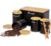 ATEK 5 Pcs Black Bread Bin And Tea, Coffee, Sugar Canister Set With Can Opener & Biscuit Barrel, Airtight Bamboo Lids, Kitchen Storage