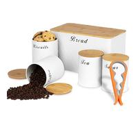 ATEK 5 Pcs Bread Bin Sugar Tea Canister Set with Can Opener | Biscuit Barrel Round Jar, Air Tight Bamboo Lids for Tea, Sugar, Coffee, Bread, Modern Stylish