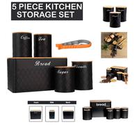 ATEK 5 Pcs Bread Bin Sugar Tea Canister Set with Can Opener, Biscuit Barrel Round Jar for Tea, Sugar, Coffee, Bread with Air Tight in Black Atek Black