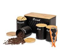 ATEK 5 Pcs Bread Bin Sugar Tea Canister Set with Can Opener, Tea Coffee Sugar Storage Tins Biscuit Barrel and Round Jar Set with Airtight Bamboo Lids, Storage Solution for Kitchen