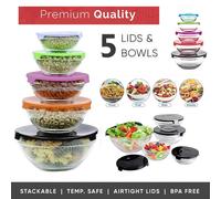 ATEK 5 Pcs Glass Mixing Bowl Sets Salad Bowl with Lids Stackable Nesting Bowls for Baking, Cooking & Food Prep Food Storage Containers | Size: Medium Atek Multicolor Medium
