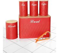 ATEK 5Pcs Bread Bin Sugar Tea Canister Set Can Opener Tea Coffee Sugar Red Atek Red