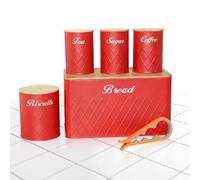 ATEK 5Pcs Kitchen Canister Set, Bread Bin Sugar Tea Canister Set with Can Opener Tea Coffee Sugar Storage Tins Biscuit Round Jars with Bamboo Lids Storage Solution for Kitchen (Red)
