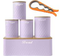 ATEK 5Pcs Kitchen Canister Set, Bread Bin Sugar Tea Canister Set with Can Opener Tea Coffee Sugar Storage Tins Biscuit Round Jars in Purple Atek Purple