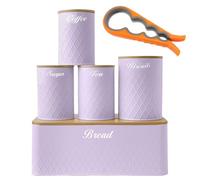 ATEK 5Pcs Kitchen Canister Set, Bread Bin Sugar Tea Canister Set with Can Opener Tea Coffee Sugar Storage Tins Biscuit Round Jars with Bamboo Lids Storage Solution for Kitchen (Purple)