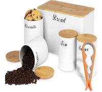 ATEK 6 Pcs Bread Bin Sugar Tea Canister Set with Can Opener, Biscuit Barrel Round Jar for Tea, Sugar, Coffee, Bread with Air Tight in White Atek White