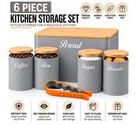 Atek 6Pcs Kitchen Storage Canister Bamboo Lids Tea Coffee Sugar Tins Grey