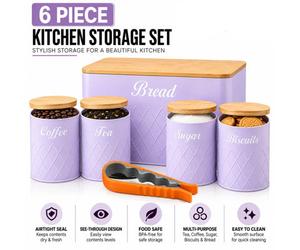 Atek 6Pcs Kitchen Storage Canister Bamboo Lids Tea Coffee Sugar Tins Purple
