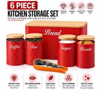 Atek 6Pcs Kitchen Storage Canister Bamboo Lids Tea Coffee Sugar Tins Red