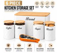 Atek 6Pcs Kitchen Storage Canister Bamboo Lids Tea Coffee Sugar Tins White